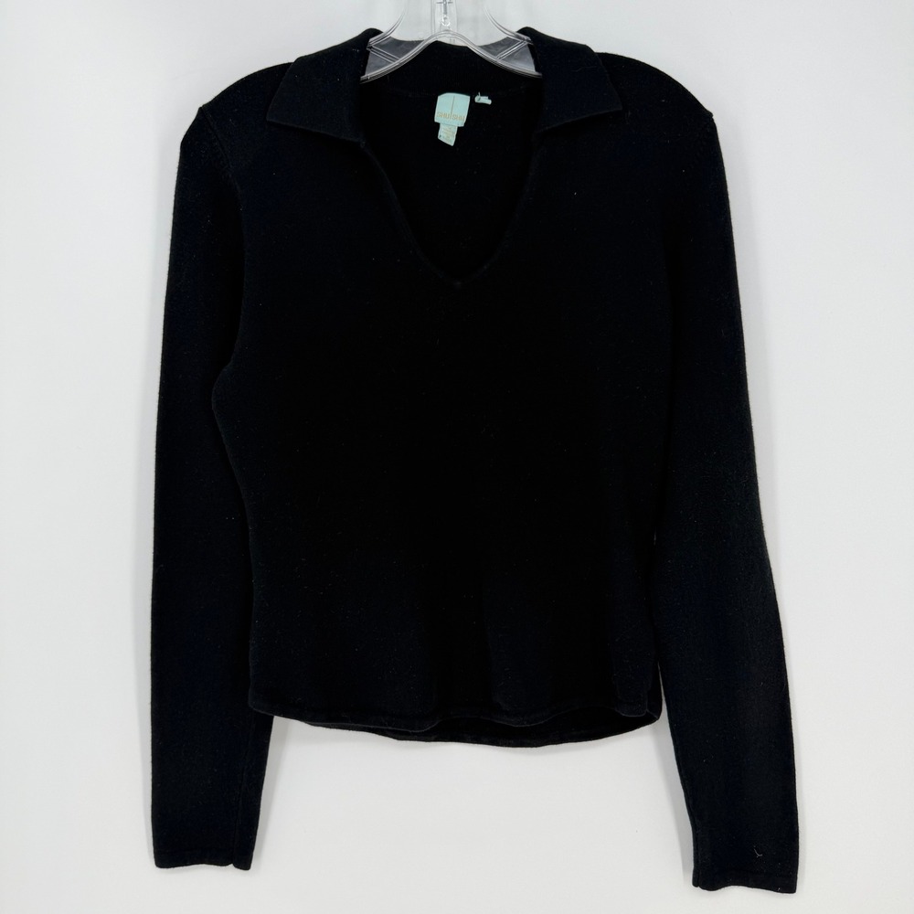 Shu Shu Sweater Womens M Black Collared V-Neck Long Sleeve Knit Timeless Mini